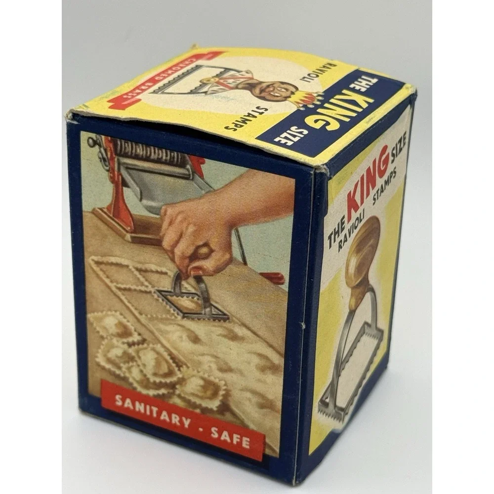 VTG The King Size Ravioli Stamp Cromed Brass Wood Orig Box 2 3/4
